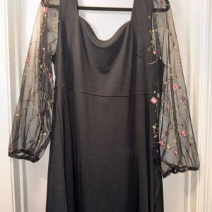 SHEIN Black Dress with Floral Sheer Sleeves